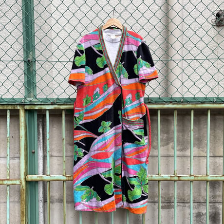 "Women's" ～70's Botio Floral Pattern Pile Gown ITALY製