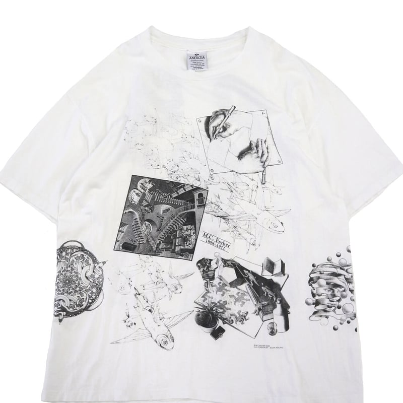 裾シングルL 着画アリEscher エッシャー Tシャツ 総柄 騙し絵 空と水