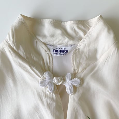 'Unisex' 80's～ "花" スーベニア 刺繍 ロング チャイナ ガウン SILK100% White