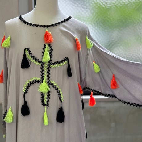Ethnic Neon Color Tassel Cotton Long One Piece
