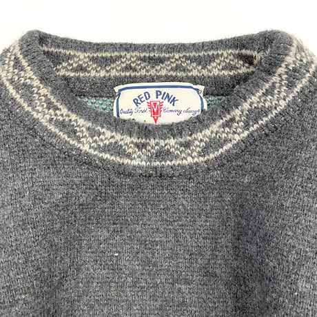 90's～ RED PINK Wool Jacquard Ski Sweater XLサイズ