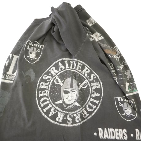 ～90's SALEM "RAIDERS" 両面 マルチ プリント Tシャツ Lサイズ USA製
