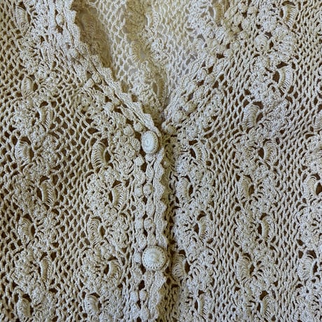 "Women's" 70's 精三巧制 "Hand Made" Crochet Cotton Cardigan XLサイズ