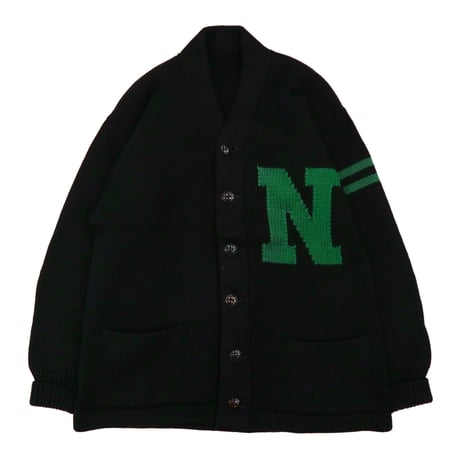 60's～ unknown Wool Lettered Cardigan Black×Green