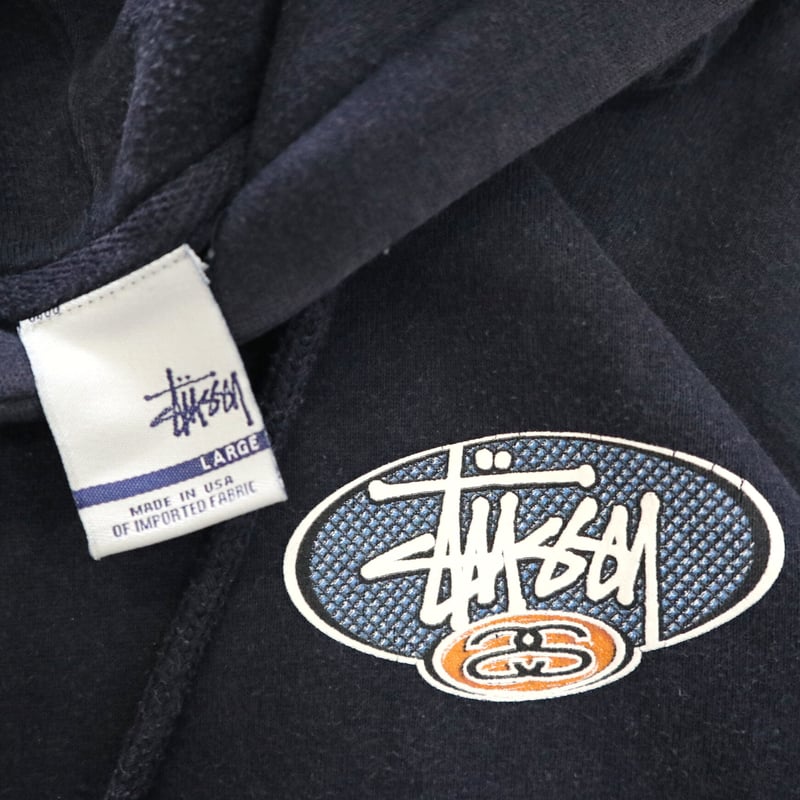 90's～ OLD STUSSY 両面 両袖 プリント スウェット パーカー Navy Lサイ...