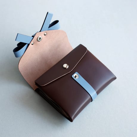 [archive] シワあり　リボン ショートウォレット ブラウンxグレイブルー/ ribbon short wallet #brown x grayblue
