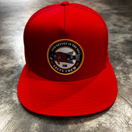 USA買付 SALTY CREW FIND REFUGE IN THE SEA FISH PATCH TRUCKER SNAPBACK CAP RED　US-59