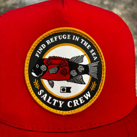 USA買付 SALTY CREW FIND REFUGE IN THE SEA FISH PATCH TRUCKER SNAPBACK CAP RED　US-59