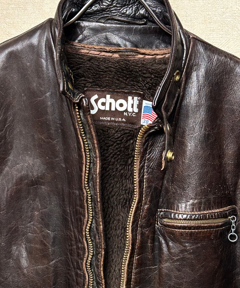 希少80年代初期茶タグシングルライダース〉80年代初期U.S.A.製Schott