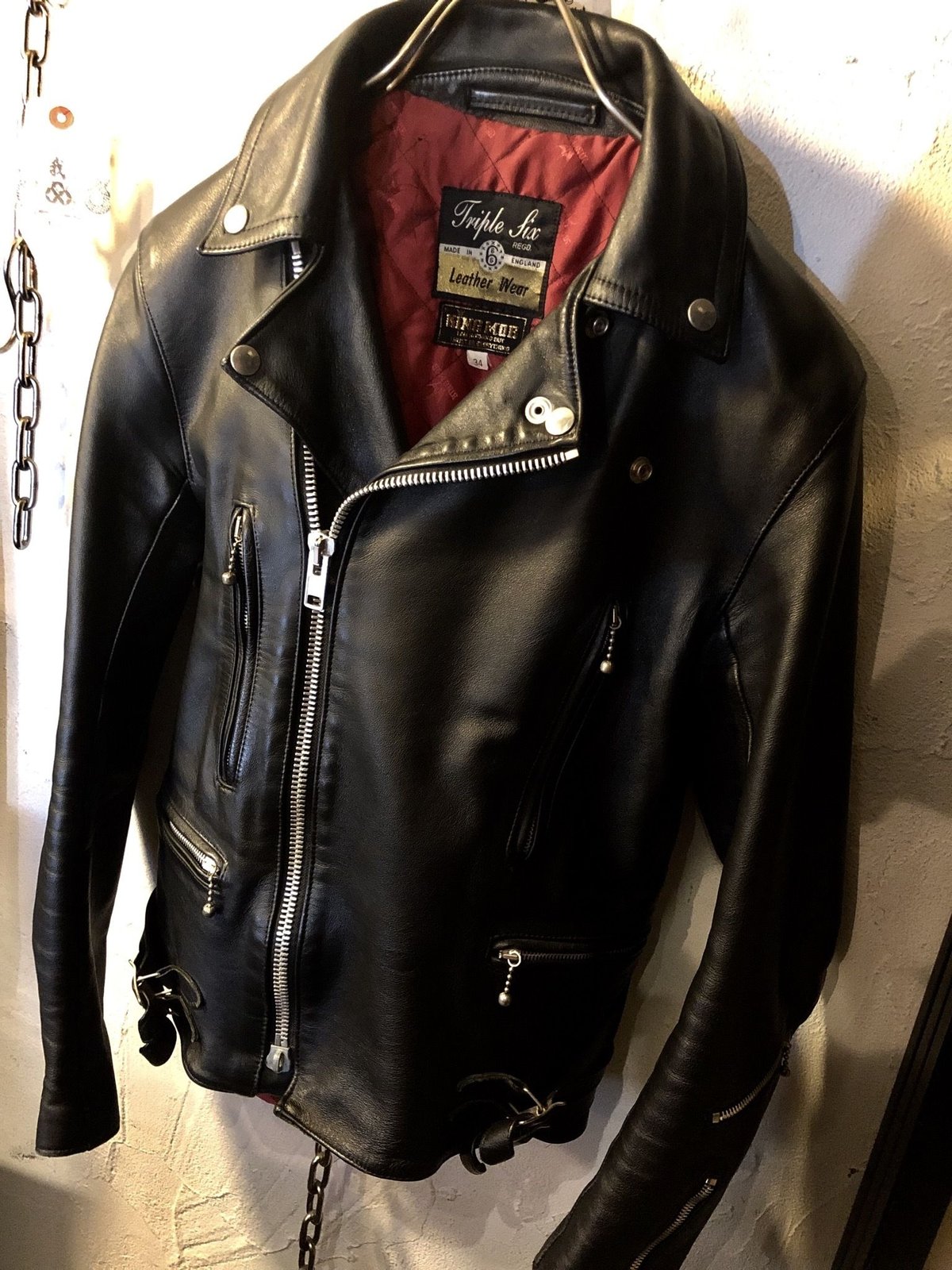 〈目玉オールドイングランド製666〉イングランド製King Mob by 666 LIGHTNING MODEL RIDERS JACKET  BLACK黄金サイズ美品スペシャルプライス