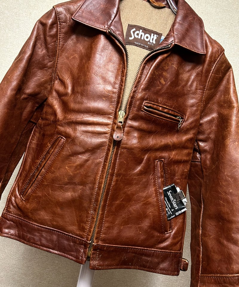 Schott レッドブラウンレザー ステアハイドトラッカージャケット サイズ34 卓越R&Rエイジングオールドトラッカージャケット〉オールドU.S.A製