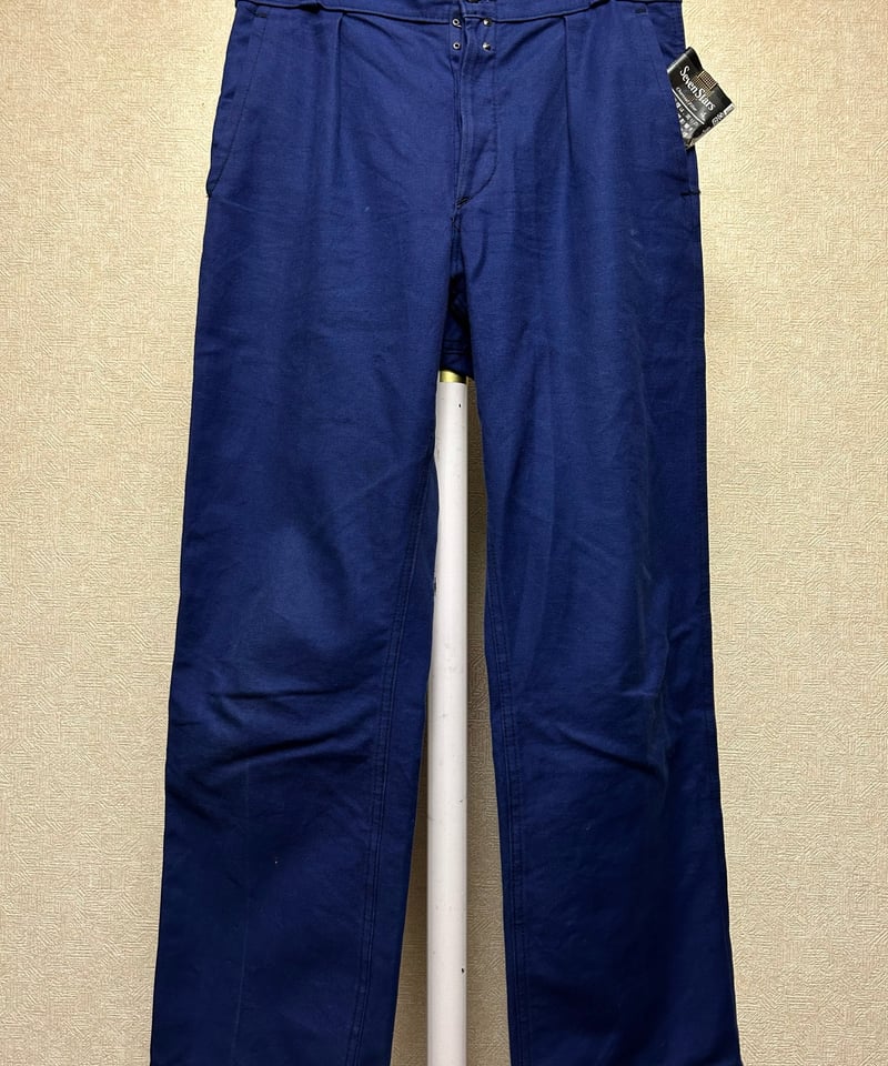 40s〜50s コットンワークパンツ フェード ナス紺 usnavy ブルー 60-70,s FRANCE製ワークパンツ〉60-70,s希少フロントホックナス