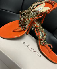 〈ハイブランドヴィンテージJIMMY CHOO〉オールドモデルITALY製JIMMY CHOO装飾アンクルストラップサンダル黄金サイズ37BOX付アーカイブ年代ランク美品スペシャルプライス