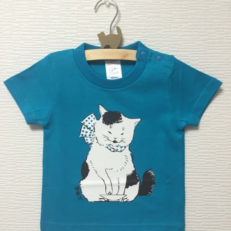 猫舞伎キッズTシャツ　ターコイズブルー
