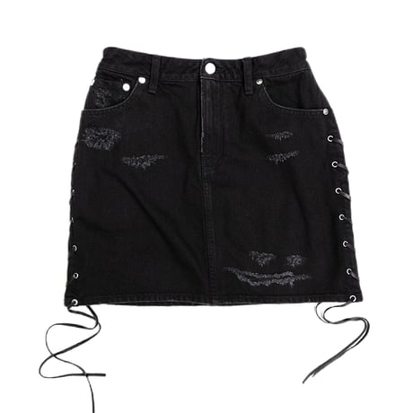 LACEUP DISTRESSED JEAN MINI SKIRT(BK)