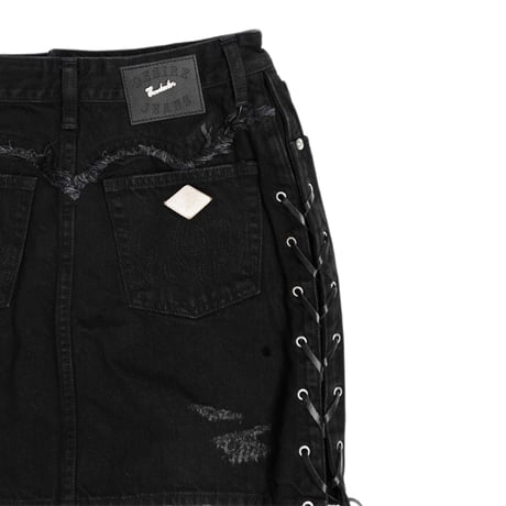 LACEUP DISTRESSED JEAN MINI SKIRT(BK)