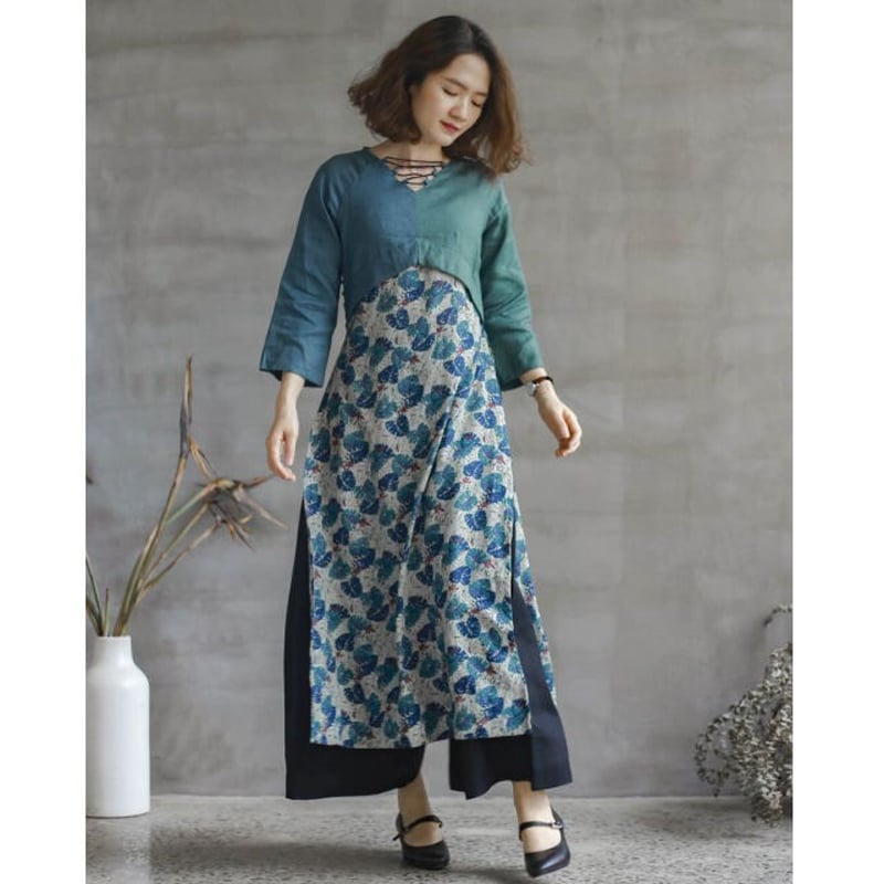 クロス紐付きVネック アオザイ／ブルー×グリーン | Viet Marché