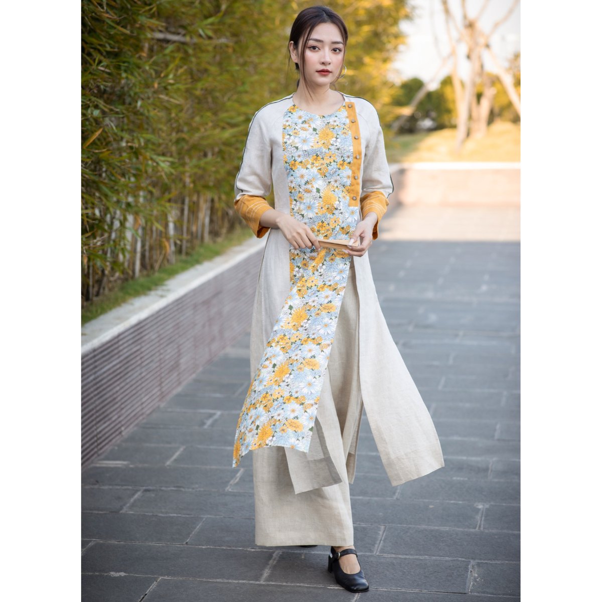 フラワープリント アオザイ／イエロー | Viet Marché
