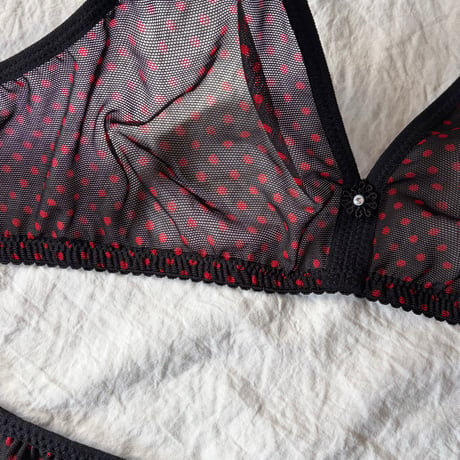 Fまで対応black×red polka dots lace bralette set【K-0014】