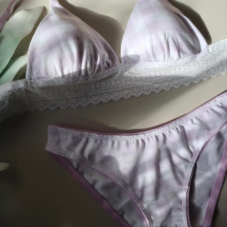 cotton check bralette set  【H-0005】