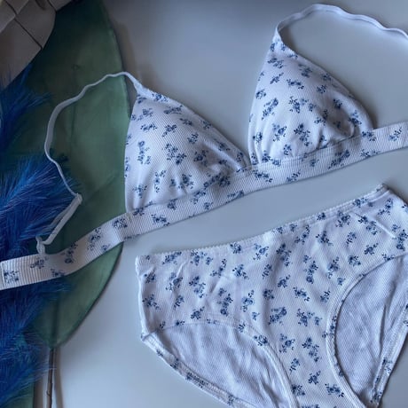 white × blue flower bralette set   【 H-0010】