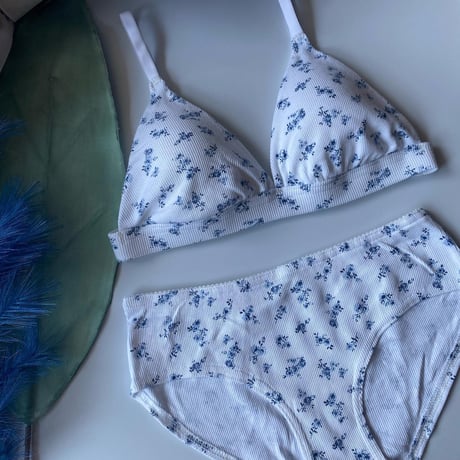 white × blue flower bralette set   【 H-0010】