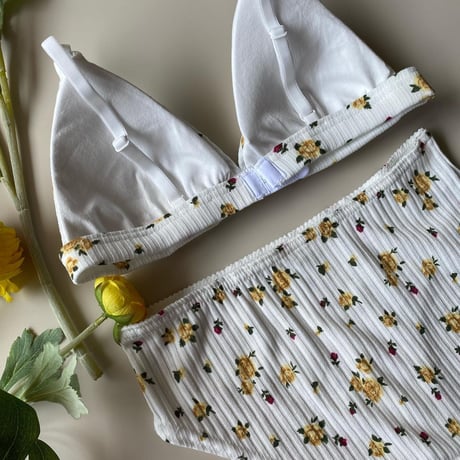 white × bright yellow flower bralette set 【H-0008】