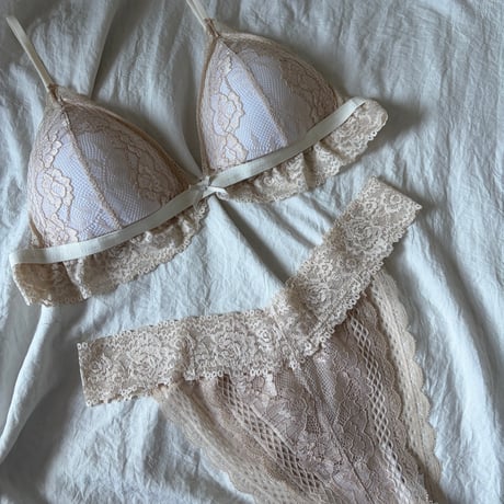 ribbon beige bralette・shorts【H-0039】