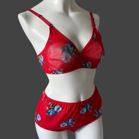 Fまで対応red×blue flowers lace bralette set【K-0017】