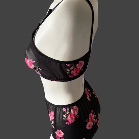 Eまで対応black×pink flowers lace bralette set【K-0016】