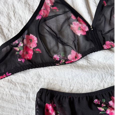 Eまで対応black×pink flowers lace bralette set【K-0016】