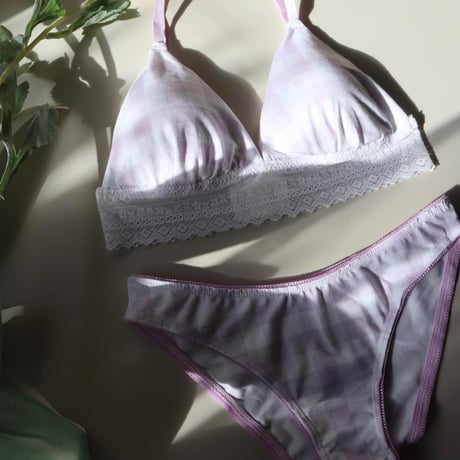 cotton check bralette set  【H-0005】