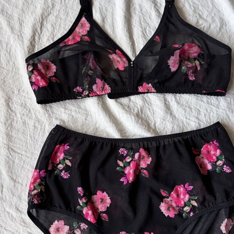 Eまで対応black×pink flowers lace bralette set【K-0016】