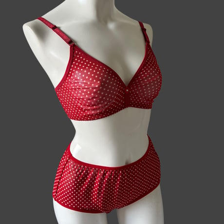 Fまで対応red×white polka dots lace bralette set【K-0013】
