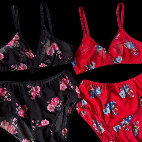 Eまで対応black×pink flowers lace bralette set【K-0016】
