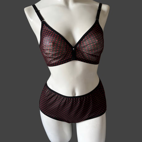 Fまで対応black×red polka dots lace bralette set【K-0014】