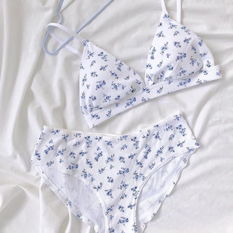 white × blue flower bralette set   【 H-0010】