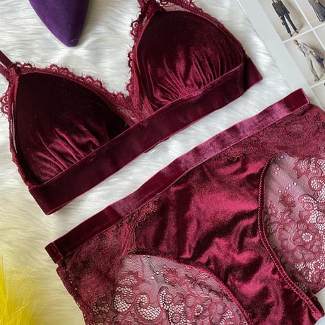 パッド付き velor bralette set  wine red  【 A-0004-WI】