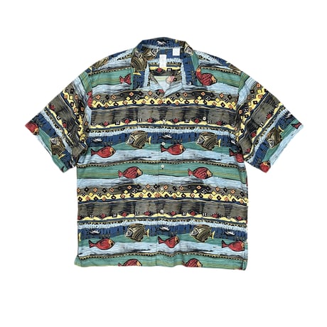 90's FISH STRIPED SILK 100%SHIRT size XL・MINT CONDITION