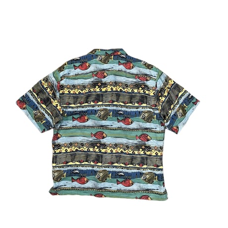 90's FISH STRIPED SILK 100%SHIRT size XL・MINT CONDITION