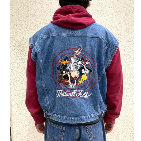 90's LOONEY TUNES HOODED DENIM JACKET size L