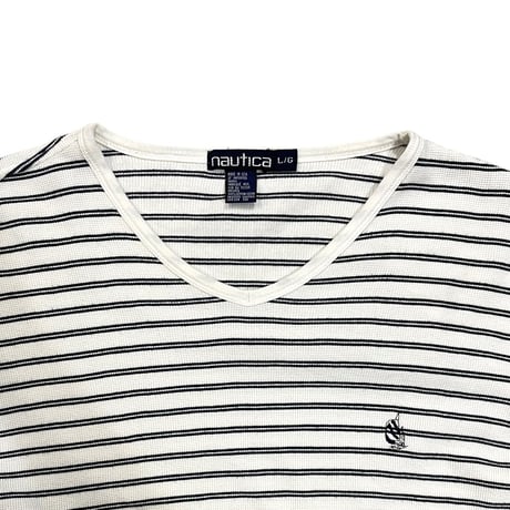 NAUTICA Striped Tee Size-L MADE IN USA 90s~