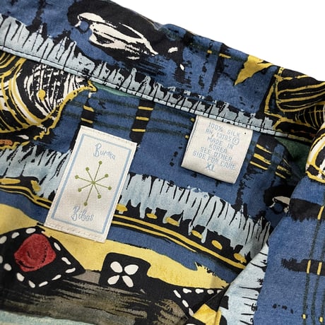 90's FISH STRIPED SILK 100%SHIRT size XL・MINT CONDITION