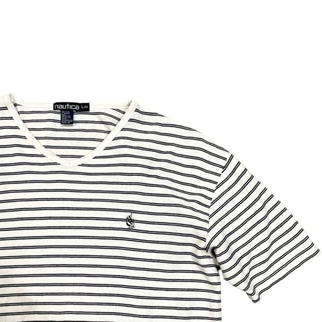 NAUTICA Striped Tee Size-L MADE IN USA 90s~