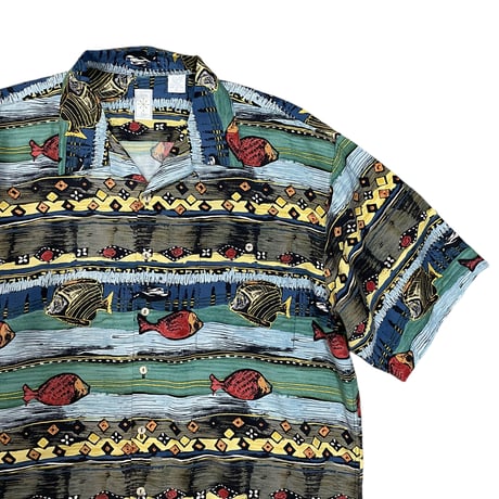 90's FISH STRIPED SILK 100%SHIRT size XL・MINT CONDITION