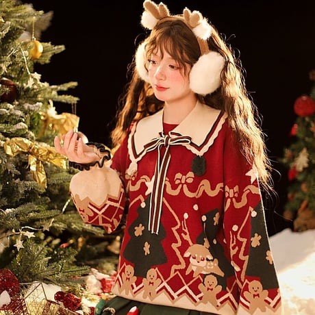 【森女部落】クリスマス付け襟ニット／ツリースカート