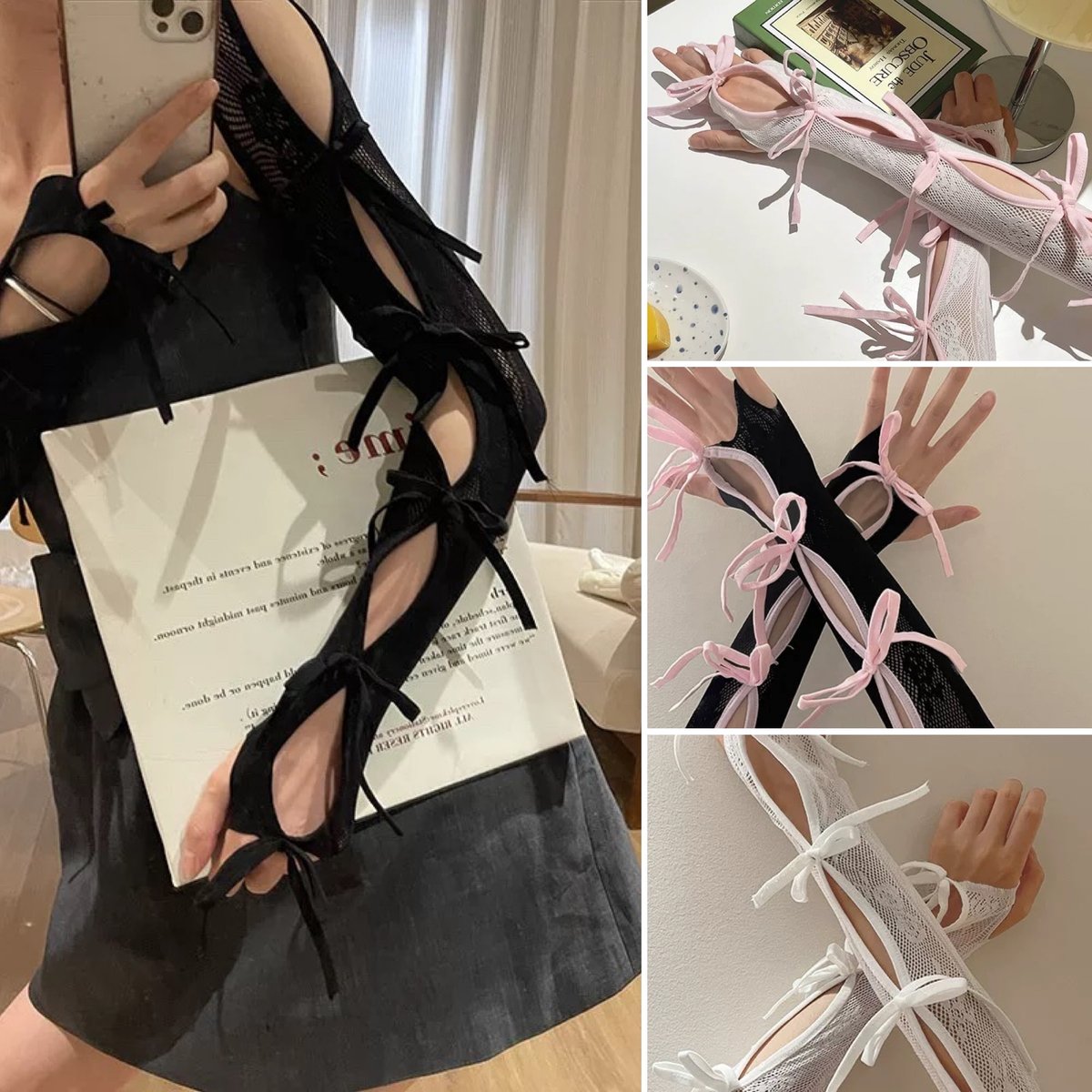 Moi-meme-Moitie リボン付きガーゼアームカバー　ブラック Moi-meme-Moitie リボン付きガーゼアームカバー ブラック