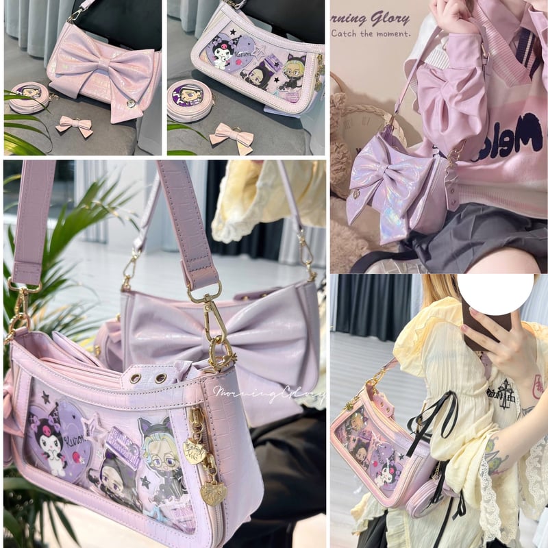 ダークブルーWデニム♡刺繍のリボンバッグ♡ストーン付き お