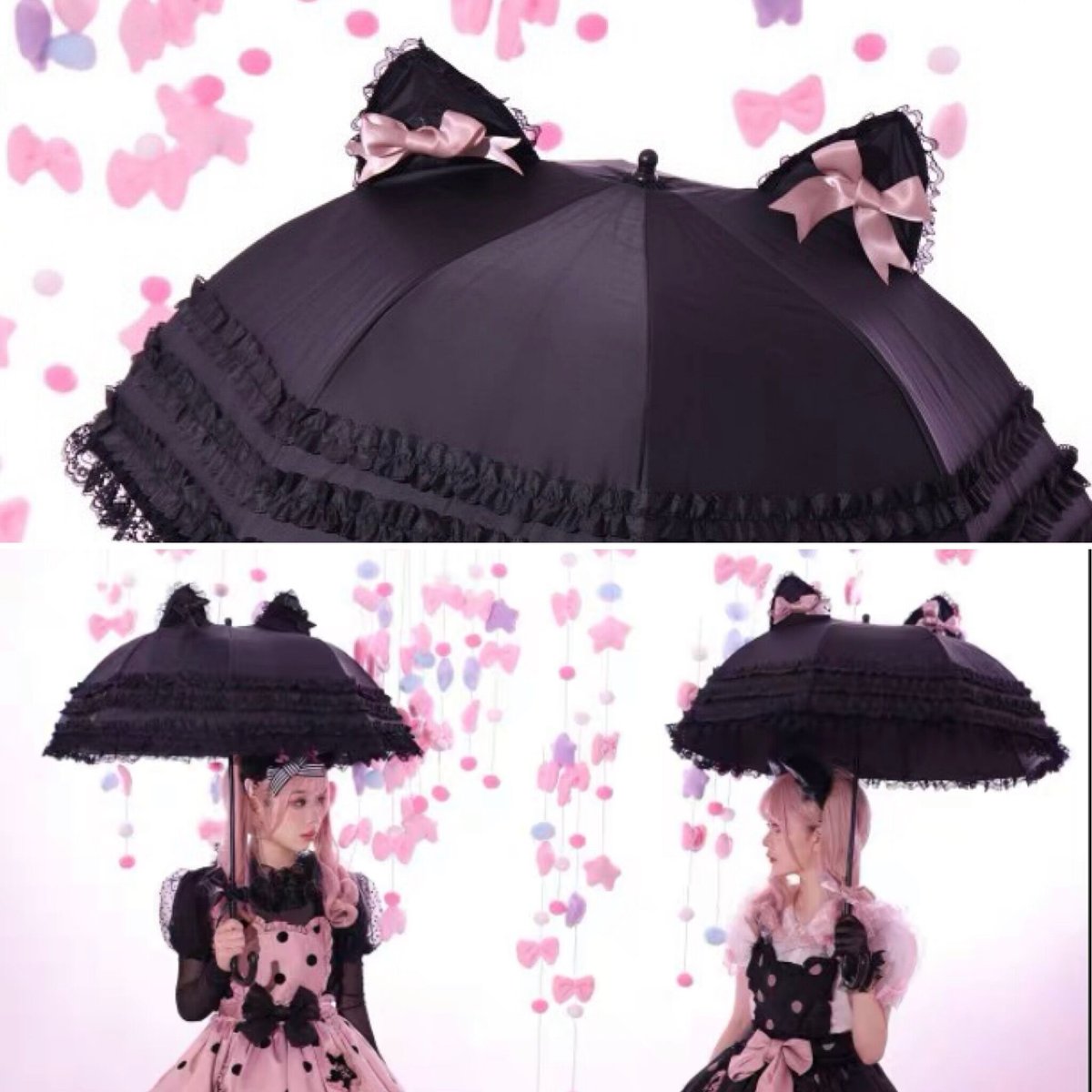黒×ピンク Creamy Cutie Pieロリィタ ゴシック ネコ耳 日傘 黒 Creamy Cutie Pie 日傘 ロリィタ ゴスロリ ゴシック ネコ耳
