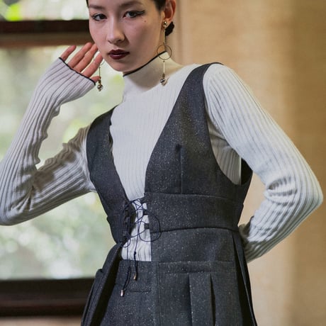 【 jesh 予約】 Lace up Pleated Vest / Navy -2026年9月～11月発送予定-